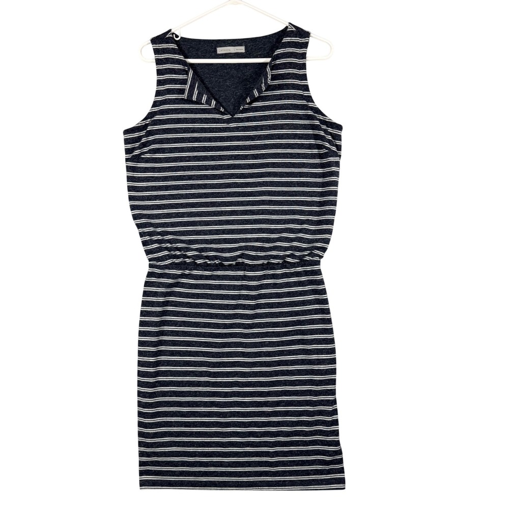 Athleta Dress Womens Small Striped Navy White Linen Blend Sleeveless V-Neck